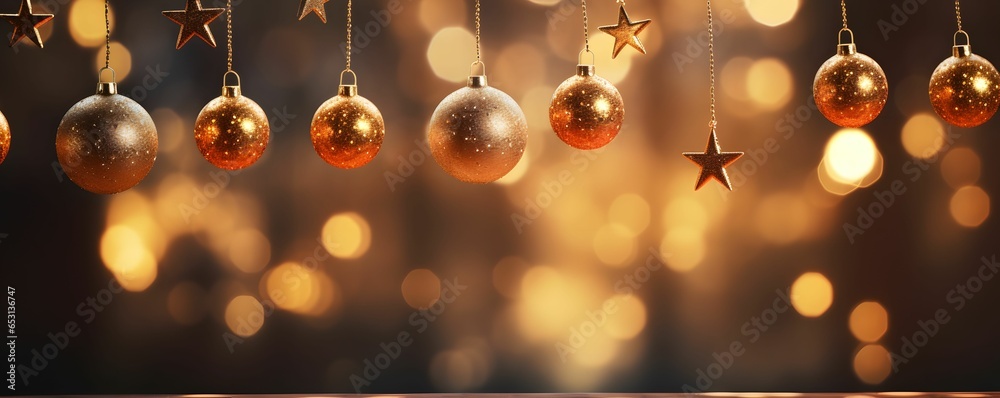 Obraz premium Stars and Christmas ball hanging ornament with light bokeh in the dark night abstract background. Generative AI