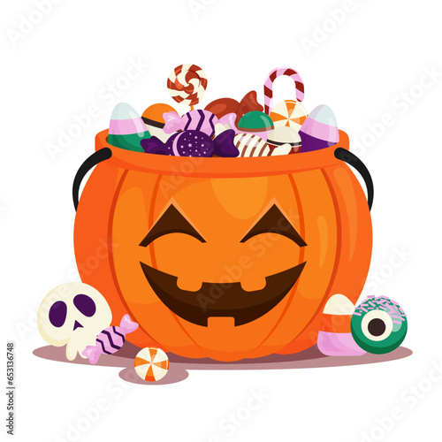 Halloween Pumpkin bucket of with candies. Spooky face Pumpkin Bag with lollipops, sweets, candy. Trick or treat Basket. Vector illustration isolated in Cartoon style