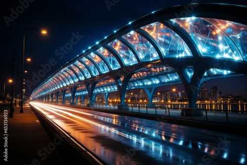 Highway bridge adorned with decorative lights at night, Generative AI