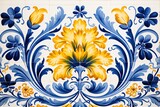 Traditional Portuguese mosaic with blue and yellow azulejos tiles. Watercolor artwork featuring antique ceramic, floral pattern panel. Generative AI