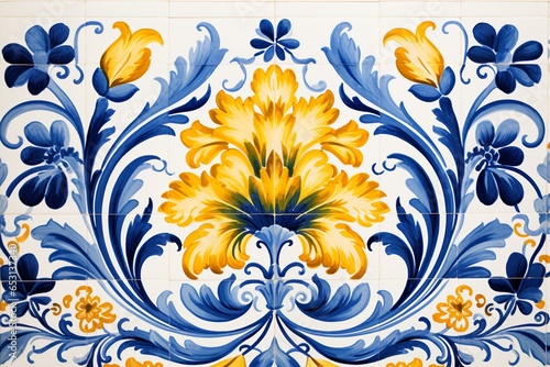 Traditional Portuguese mosaic with blue and yellow azulejos tiles. Watercolor artwork featuring antique ceramic, floral pattern panel. Generative AI photo