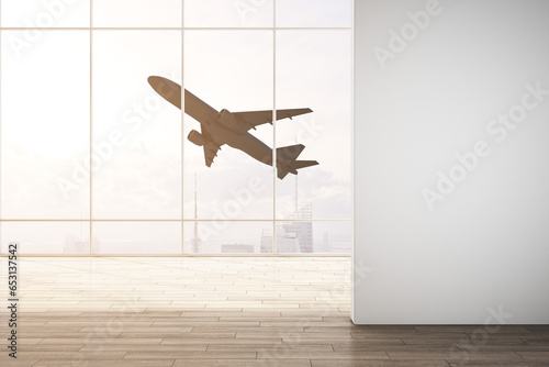 Modern airport interior with mock up place on wall and flying airplane seen through panoramic window with city view and daylight. Take off, travel and transportation concept. 3D Rendering.