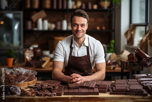 Portrait of a smiling male shop assistant in apron standing at the counter with chocolate bars