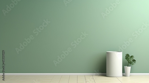 White Simple iron trash can on simple pastel green background with empty space for text copy space photo