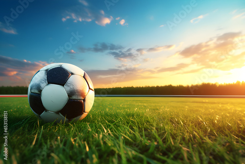 a soccer ball is floating on a green field during sunset