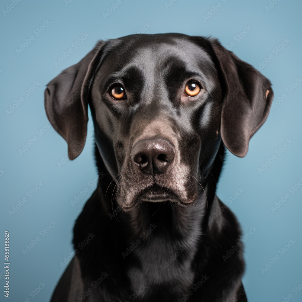 portrait studio d'une tête de chien de race labrador noir en gros plan, arrière plan uni bleu
portrait studio d'une tête de chien de race labrador noir en gros plan, arrière plan uni bleu