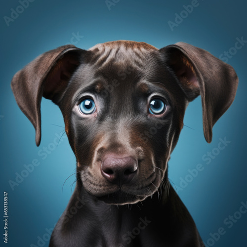 portrait studio d'une tête d'un chiot de race dobermann en gros plan, arrière plan uni bleu