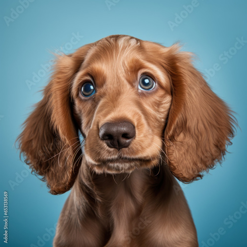 portrait studio d'une tête d'un chiot de race cocker en gros plan, arrière plan uni bleu