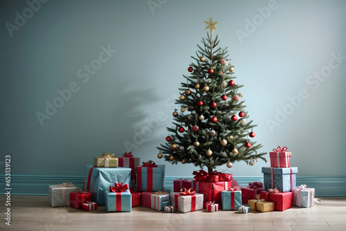 Simple Christmas tree and presents on light blue solid background. Generative ai.