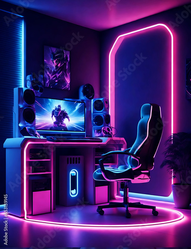 Professional gamer room with powerful PC and comfortable chair in neon lights, Modern workspace, esports, cybersport, Generative AI photo