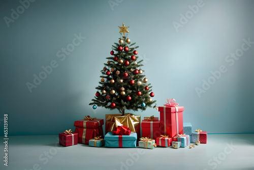 Simple Christmas tree and presents on light blue solid background. Generative ai.