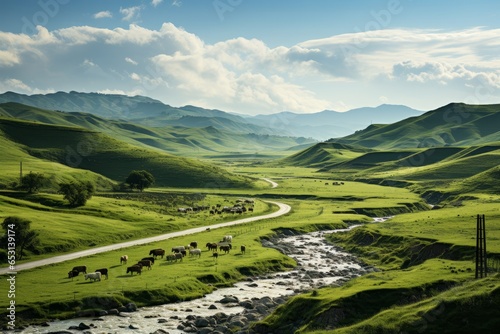 Highway through rolling hills with cattle grazing  Generative AI 
