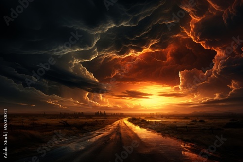 Highway under a dramatic, stormy sky, Generative AI