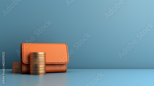 Wallet with coins on minimalist blue background with copy space. Finance, Payment, cashback concept