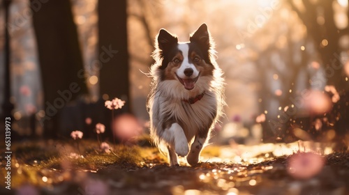 Close-up Portrait of a beautiful border collie dog standing in the park sunset in summer.