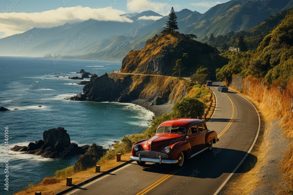 Vintage car cruising down a scenic coastal highway, Generative AI Stock ...