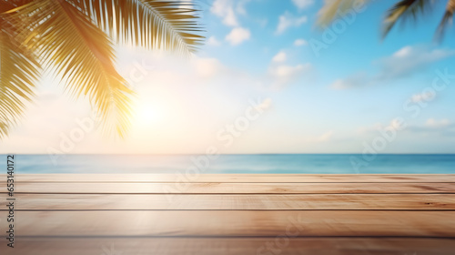 Wooden floor texture for product display on blurred sea and sand beach with palm leaf in summer sunlight background