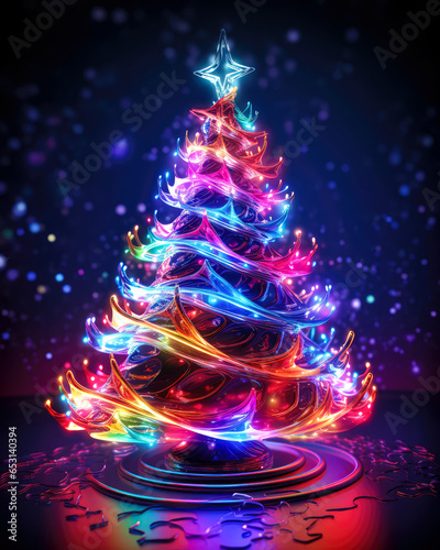 Futuristic creative cyberpunk concept of Christmas tree with neon hoops on urban dark background. New year party.