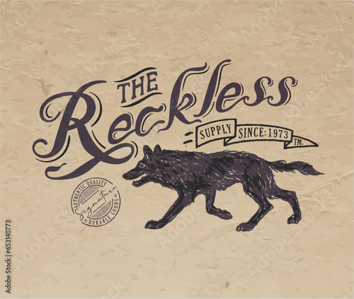 vintage hand drawn fox running, old retro vintage typography artwork, old stump vector, the reckless, old vintage design for t shirt, sticker, graphic print, poster