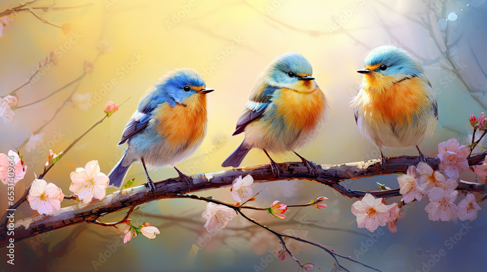 funny little birds sit on a branch in a spring Sunny Park and chirp