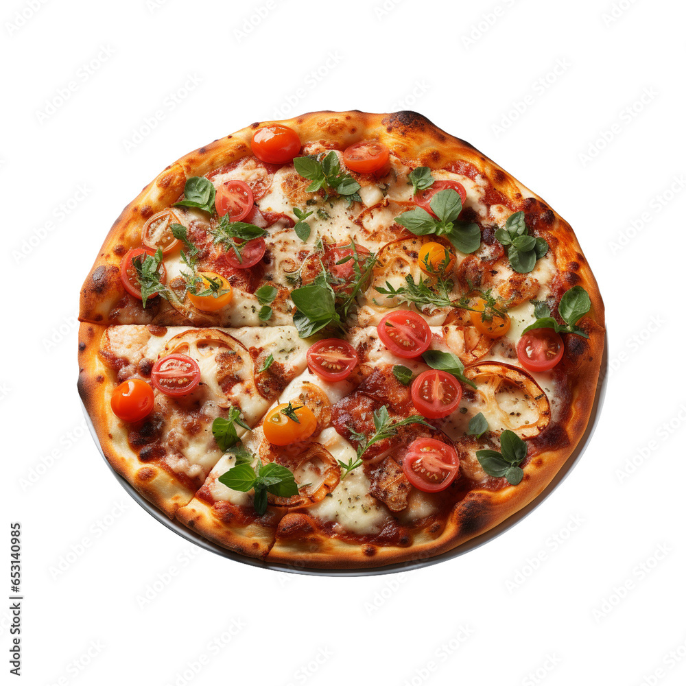 Fresh ham pizza with cheese on transparent background