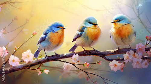 funny little birds sit on a branch in a spring Sunny Park and chirp © Ziyan Yang