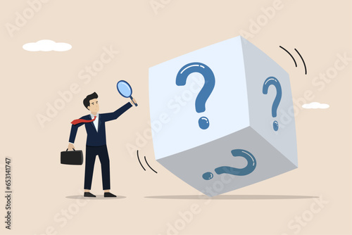 Random or chance to win, risk management or analyzing opportunities, predicting the future, uncertain concept, businessman with magnifying glass analyzing dice with question mark.Business illustration