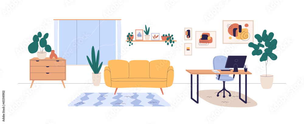 Living room interior with home office. Modern apartment, computer desk, table, sofa. Couch, workplace, wall posters, house plants and window. Flat vector illustration isolated on white background