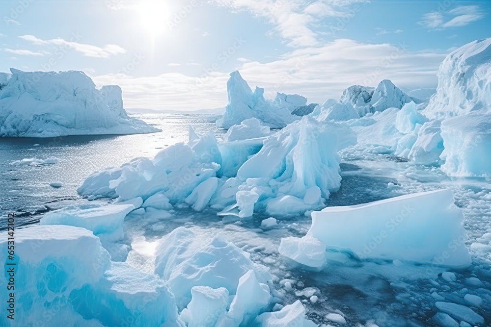 Icy sea with snow-covered rocks and icebergs, winter scenery. Generative AI