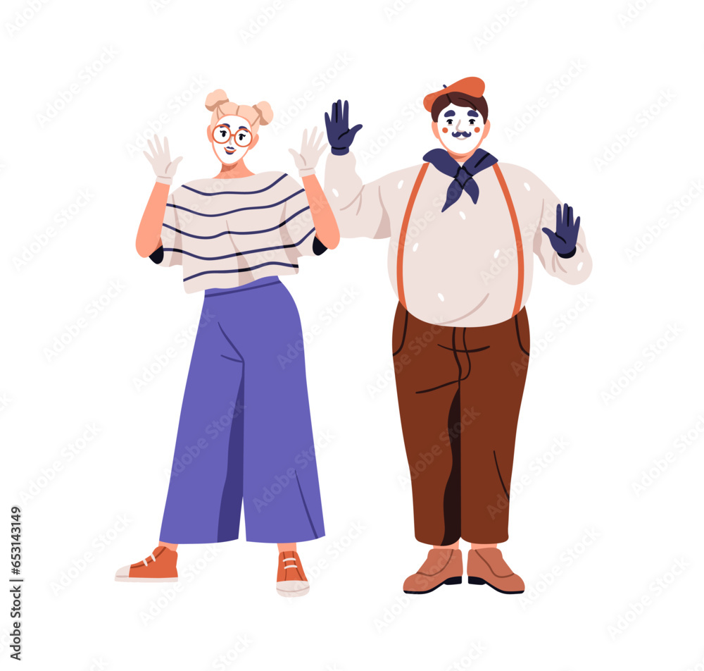 Mimes, street actors couple. French artists gesturing with hand. Woman and man performers with face makeup during dumb comedy performance. Flat graphic vector illustration isolated on white background Mimes, street actors couple. French artists gesturing with hand. Woman and man performers with face makeup during dumb comedy performance. Flat graphic vector illustration isolated on white background