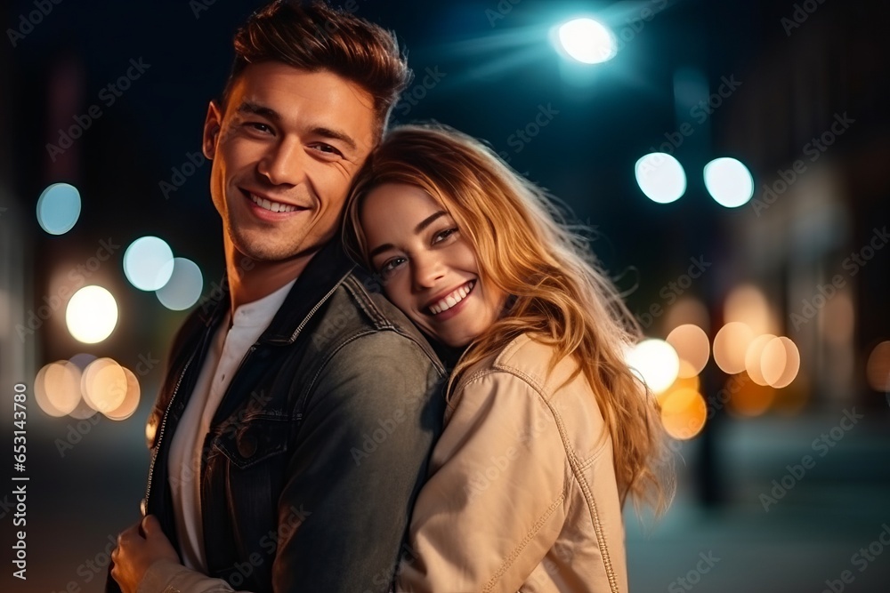 Portrait of woman hugging man from behind while smiling Portrait of woman hugging man from behind while smiling