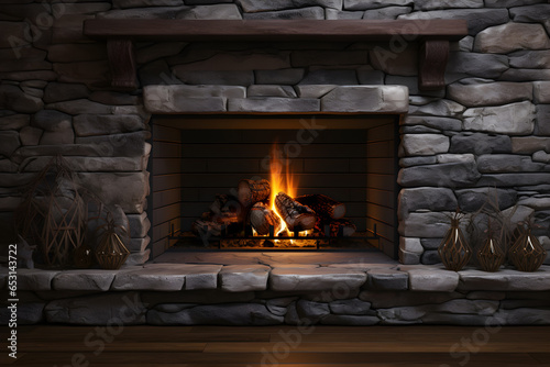 A stone fireplace in a living room next to a couch. Cozy relaxed magical atmosphere in a chalet house decorated for Christmas