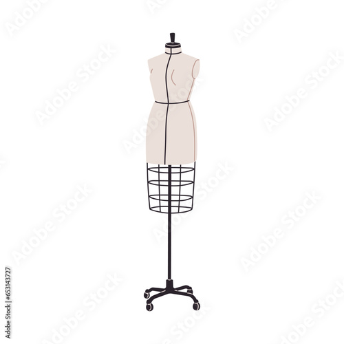 Dressmaking dummy, dress form. Sewing mannequin for tailor. Fabric manikin with metal grid, rolling base. Women figure manequin, torso. Flat graphic vector illustration isolated on white background