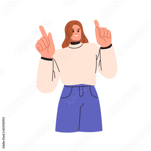 Happy woman pointing up with fingers, showing something with advertising hand gesture. Smiling employee, office worker presenting, informing. Flat vector illustration isolated on white background