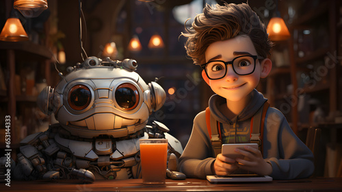 Cartoon little boy and robot