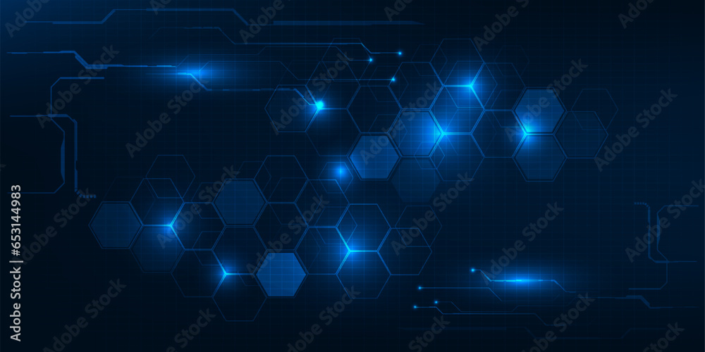 Vector illustration of digital technology space with grid line circuit tech and hexagon connecting network.Digital communication and technology concepts. - obrazy, fototapety, plakaty 