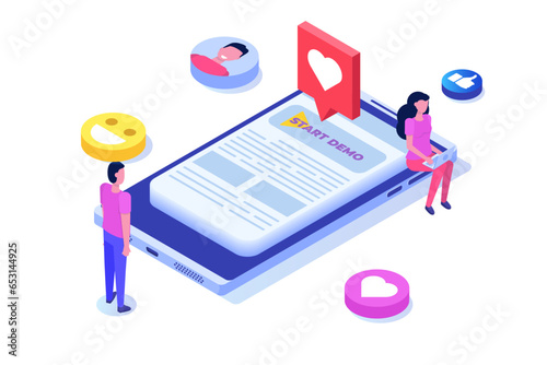 Start demo concept. Isometric Vector illustrations for banner, website, landing page, flyer.