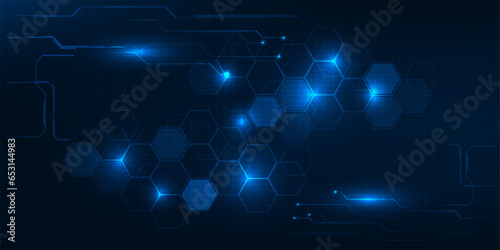 Vector illustration of digital technology space with grid line circuit tech and hexagon connecting network.Digital communication and technology concepts.