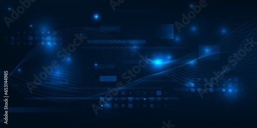 Vector illustration of horizontal digital high tech space with futuristic wave wireframe of big data and glowing geometry square.Futuristic digital communication technology concepts.