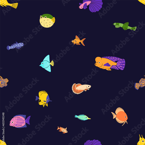 Sea fishes, seamless pattern, endless background design. Exotic tropical mari...