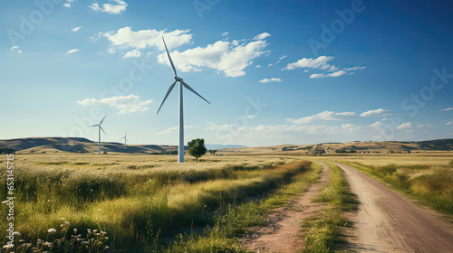 dirt road with wind turbines in the background, alternative electricity, wind power banner, landscape wallpaper, green field and blue sky, AI