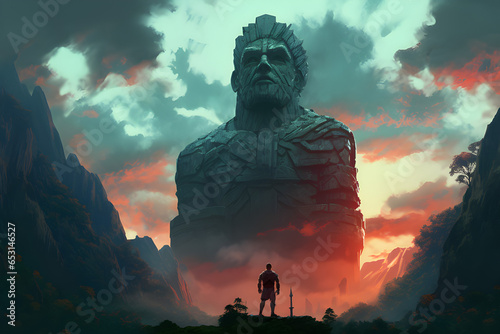 Fantasy art landscape with giant statue - digital illustration.