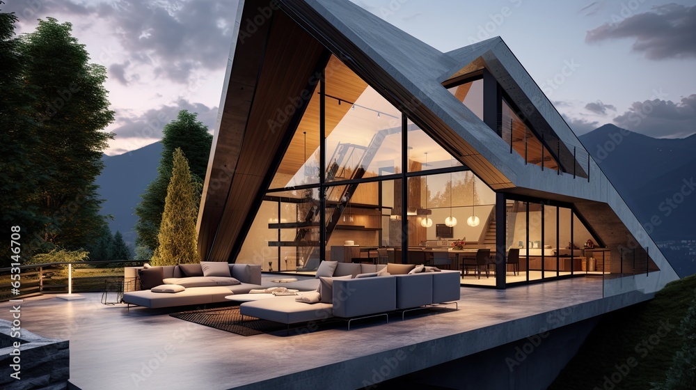 Fototapeta premium modern minimalistic concrete and glass house with a big terrasse (Generative AI)