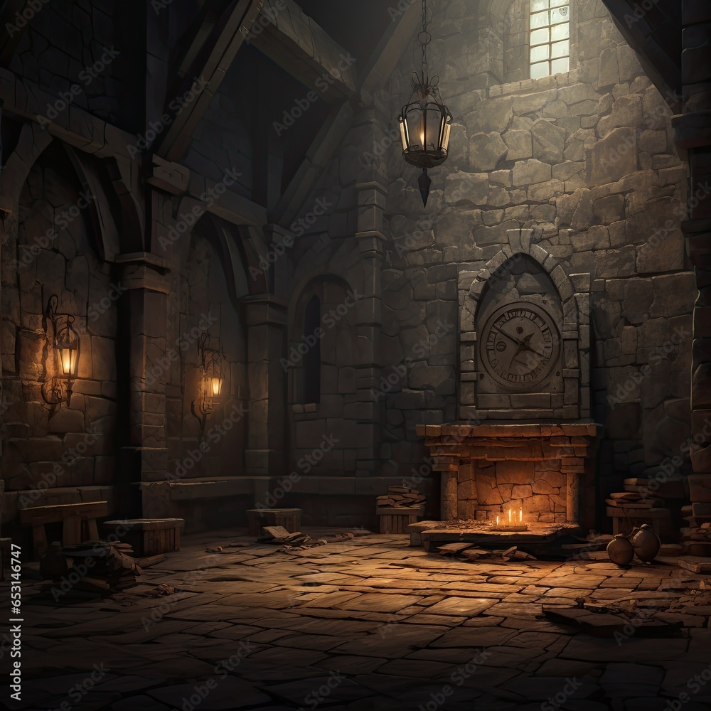 An illustration of a fantasy game scene. Lamps on the stone walls of an ancient castle. Stone basement with dim lights. Candles on the floor