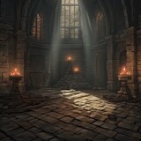 An illustration of a medieval interior in a castle. Old tower hall interior. Game design. A scene from a medieval fantasy setting game