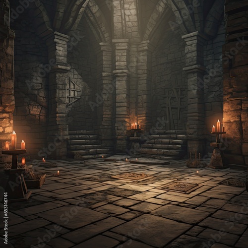 An illustration of an interior in a medieval castle. Ancient stone tower interior. Game design. A scene from a medieval fantasy setting game