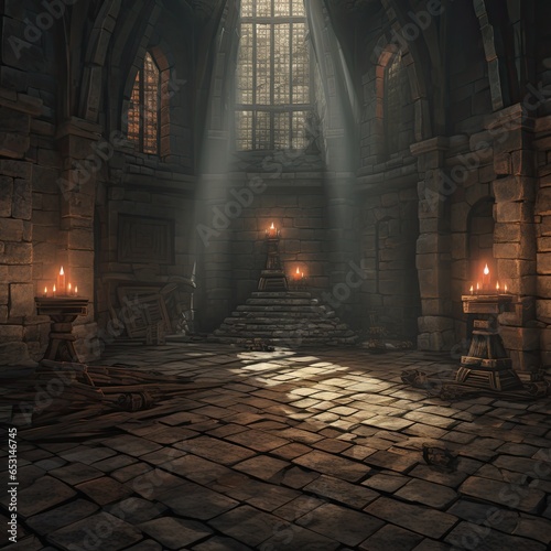 An illustration of a medieval interior in a castle. Old tower hall interior. Game design. A scene from a medieval fantasy setting game