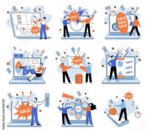 Promotion discount sale. Vector illustration. Sales index, dashboard of market direction Forecast of future sales, crystal ball unveiling mysteries of future revenue Flash sale online