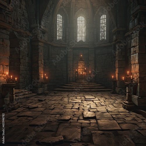An illustration of the candles inside of a stone castle hall. Illustration of an altar in a medieval gothic cathedral. Fantasy game location. Game design