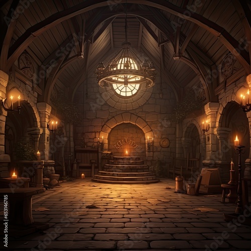 An illustration of a castle chamber with stone floor and wooden ceiling. Candles arranged inside of a medieval castle room. Cartoon scene design © grooveisintheheart